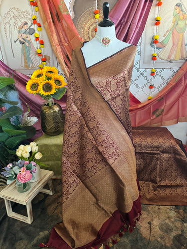 Banarasi Katan Pure Silk Saree | Handwoven | Deep Maroon with Antique Zari | Ships from California